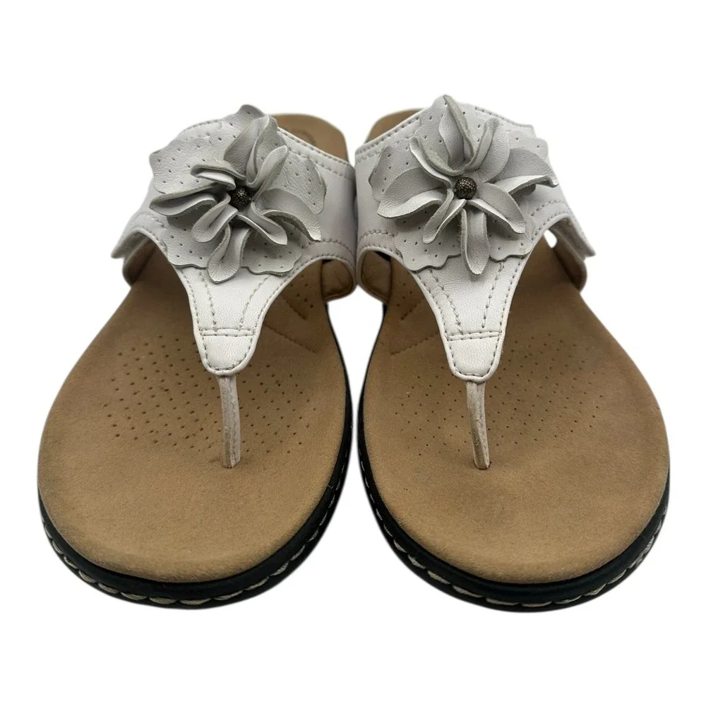 Clarks Laurieann Gema Sandals Women Sz 10 M White Floral Strappy Thong Flip Flop